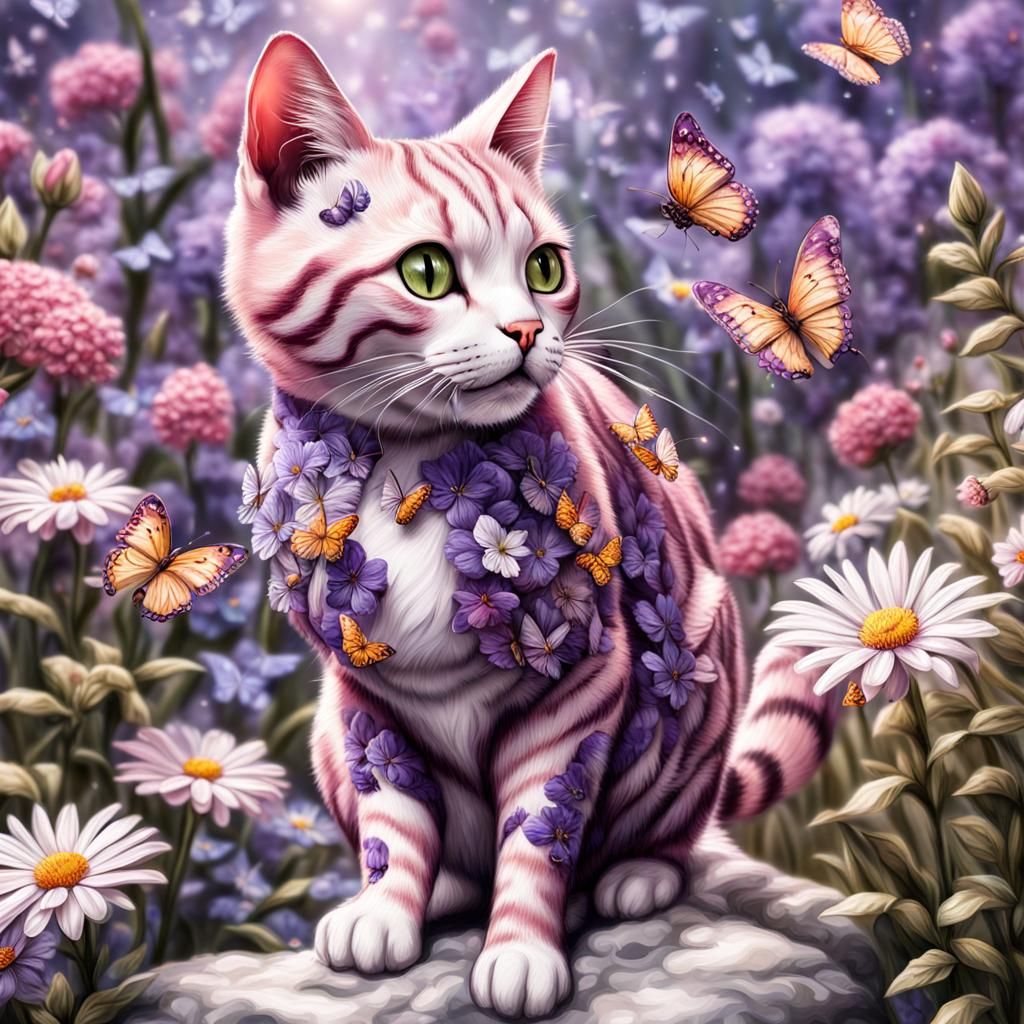 Floral Tabby Cat with Butterflies: Hyperrealistic Spring Sce...