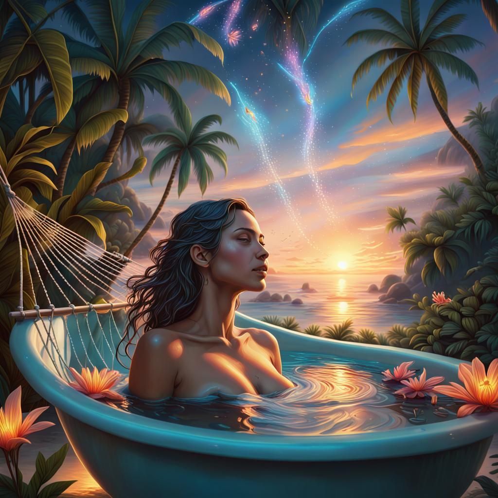 Island Oasis: Bioluminescent Sunrise and Hammock Tub