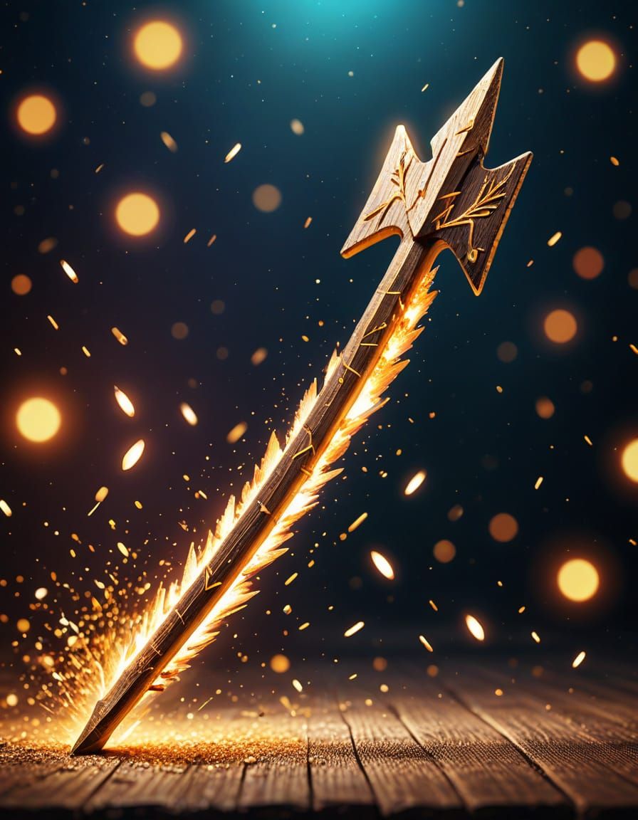 Glowing Wooden Arrow in Flight, Shrouded in Mystical Aura