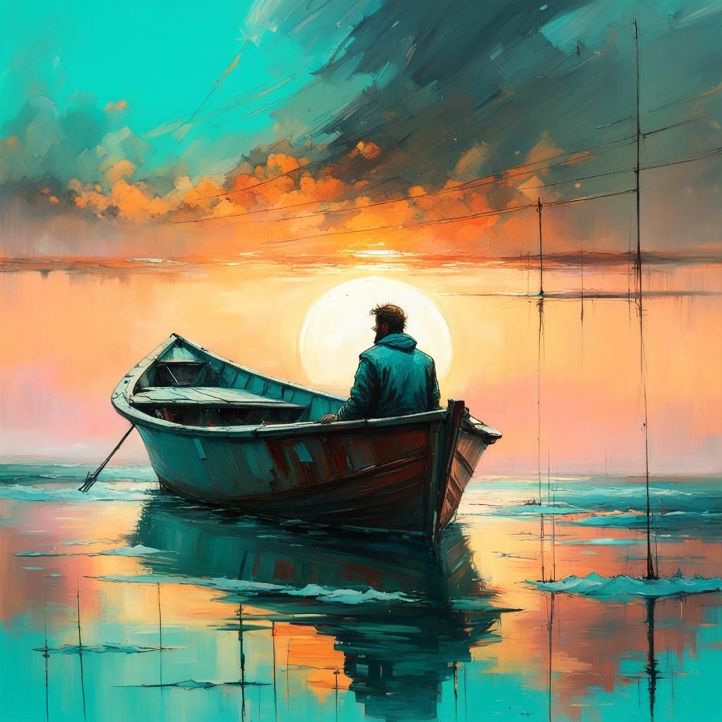 Teal Ocean Sunset: Colorful Matte Painting