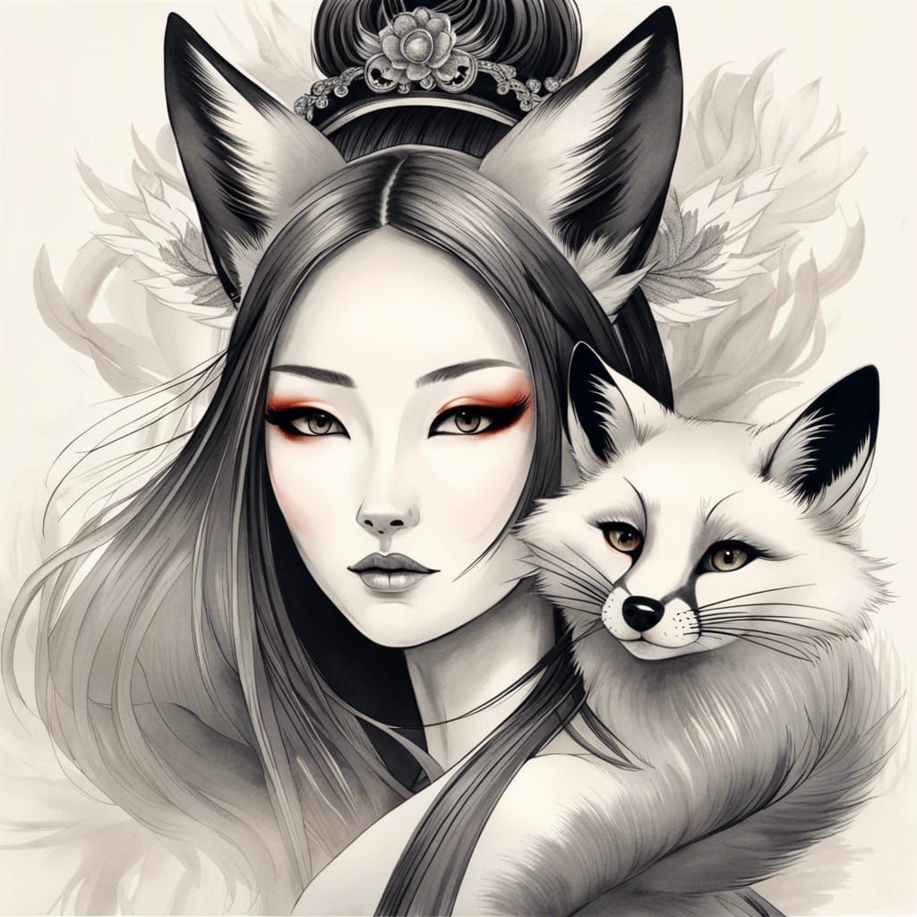Fox-Woman Portrait in Chinese Ink Painting Style