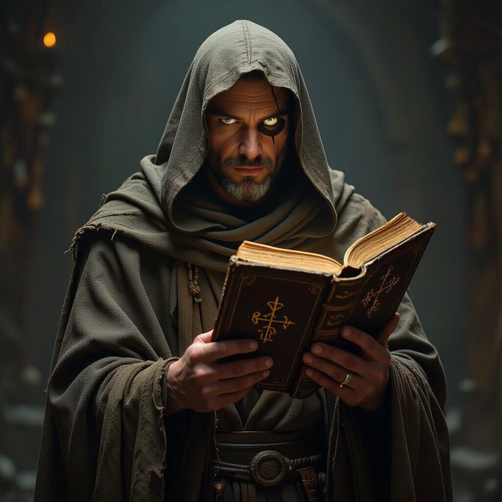 Ethereal One-Eyed Man with Ancient Book in Dark Setting