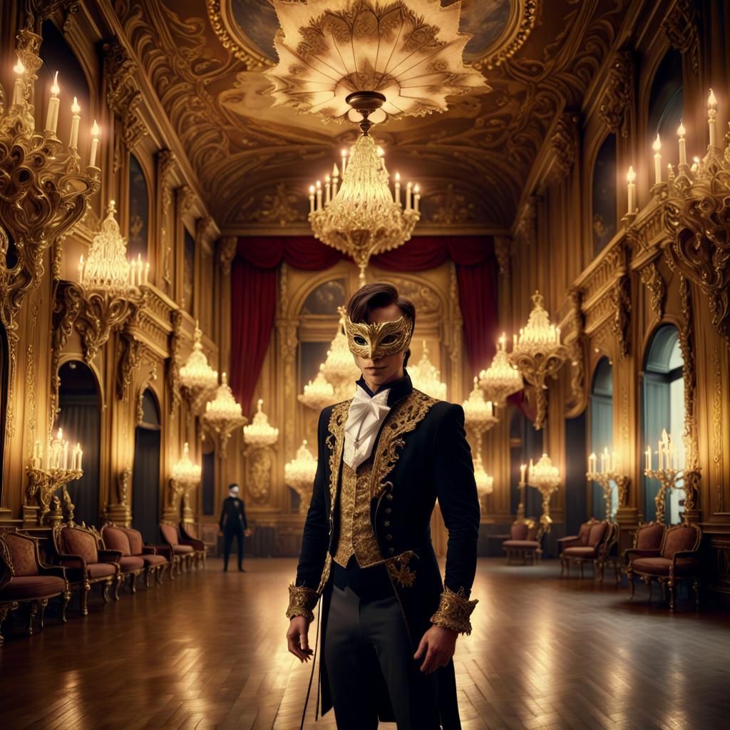 Masked Man in Opulent Masquerade Ballroom