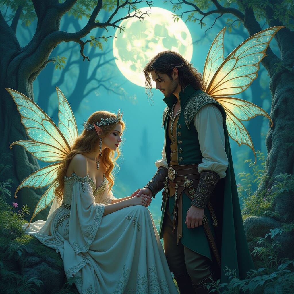 Dying Faerie Queen in Moonlit Forest, Fantasy Art