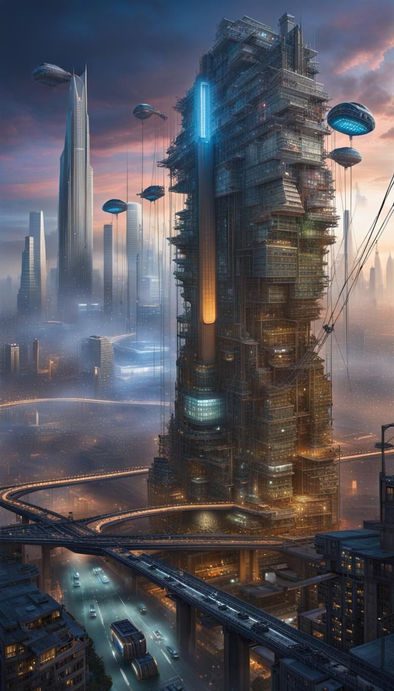Dystopian Cityscape with Giant Arcology Axis