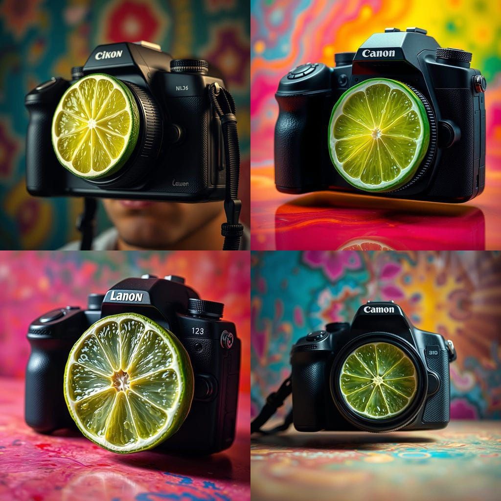 Lime Lens: Hyperrealistic DSLR Camera Splash Art