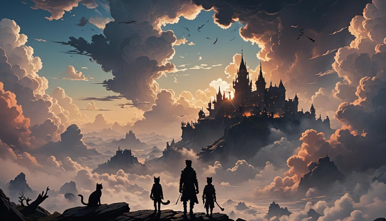 Boy and Cat Silhouettes in Clouds, Fantasy Art