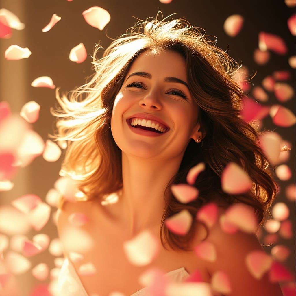 Woman Radiates Joy Amidst Whirlwind of Roses in Classic Holl...