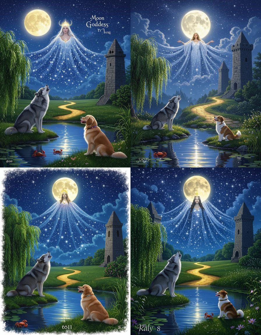 Moonlit Fantasy Night Scene with Howling Wolf and Moon Godde...