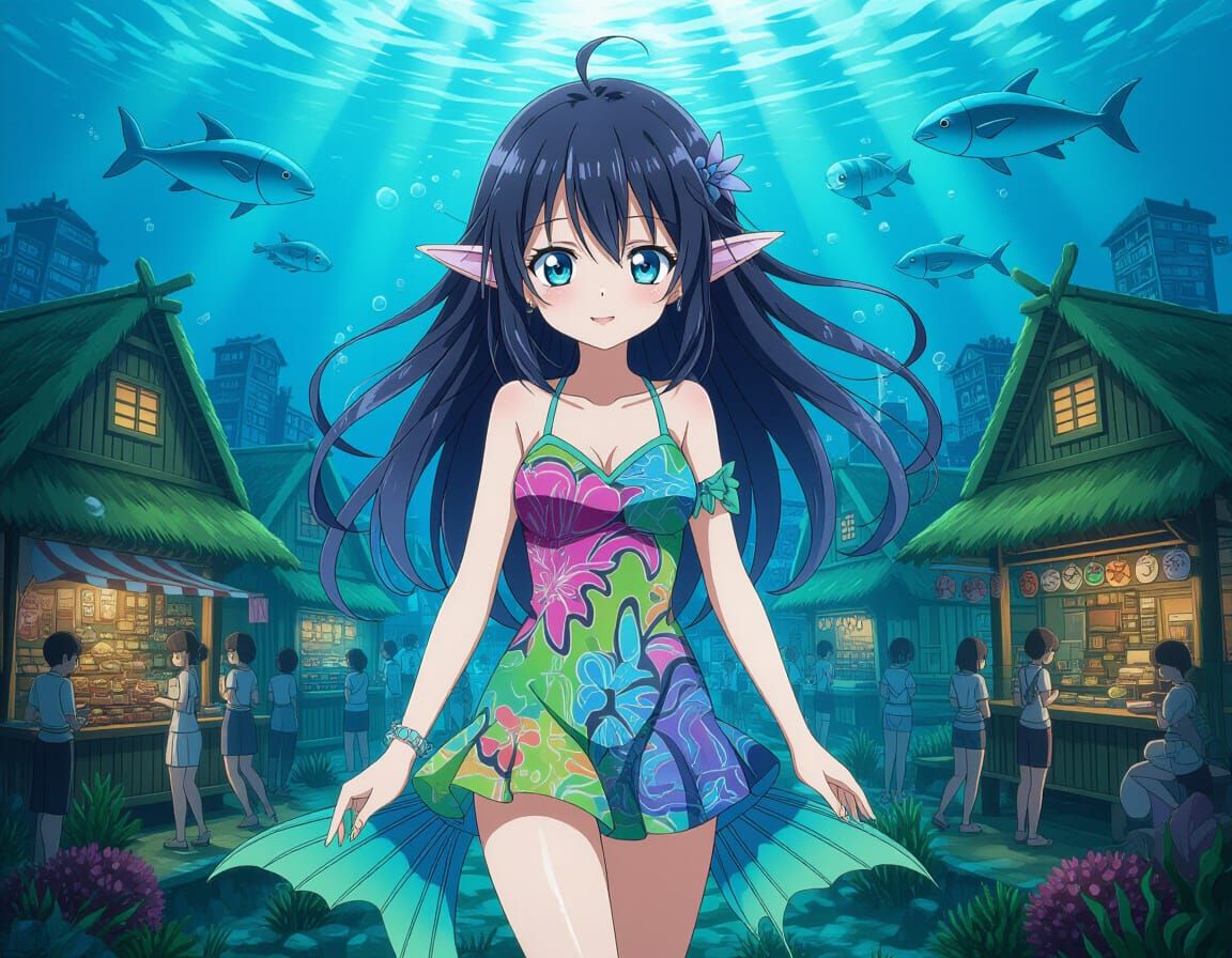 Underwater Village Market with Gilled Girl