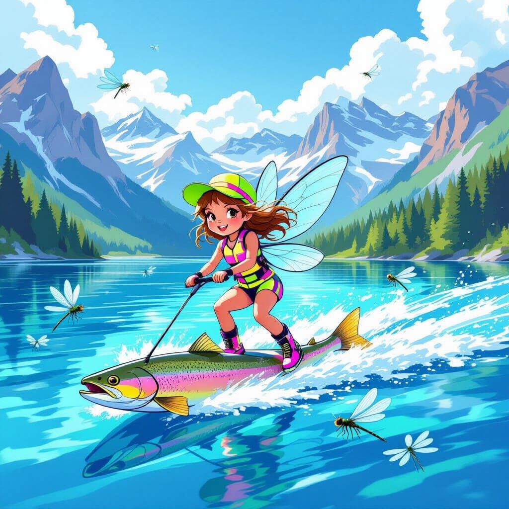 Fairy Waterskiing Led by Trout in Watercolor Style