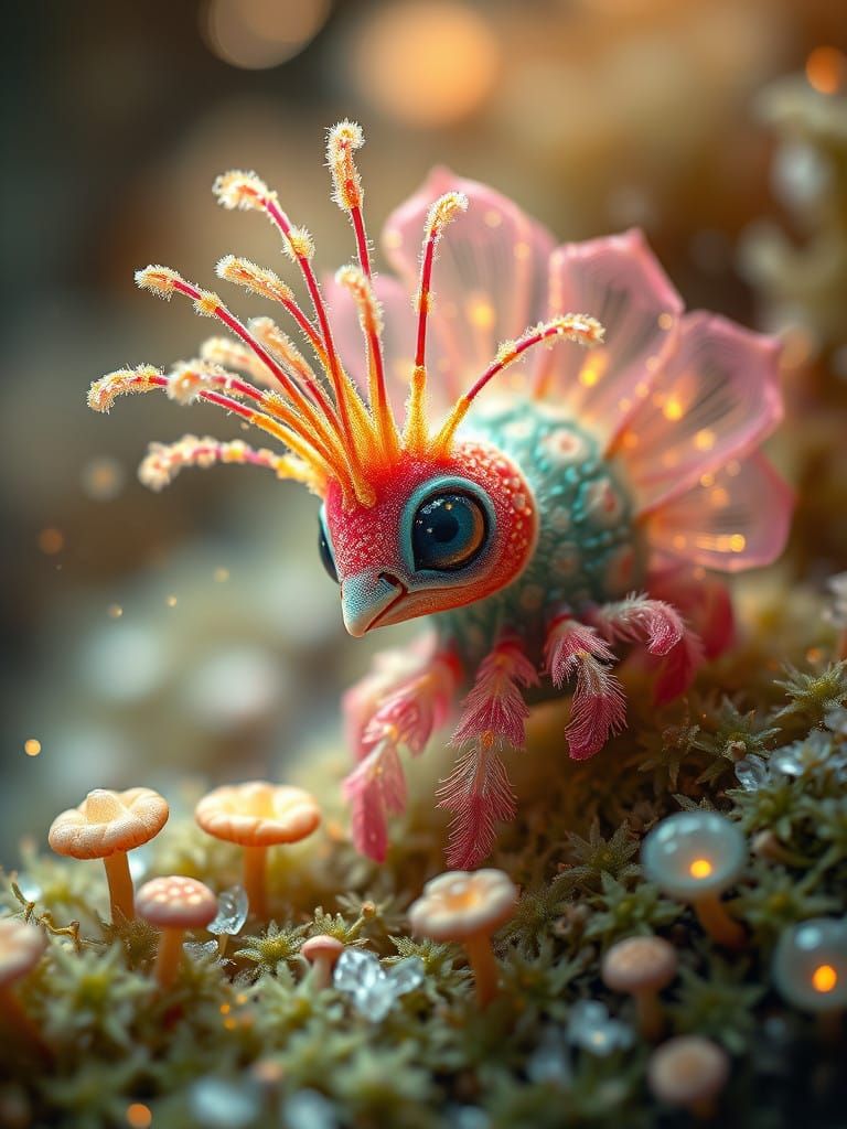 Whimsical Peacock Creature Emerges in Dreamlike, Shimmering...
