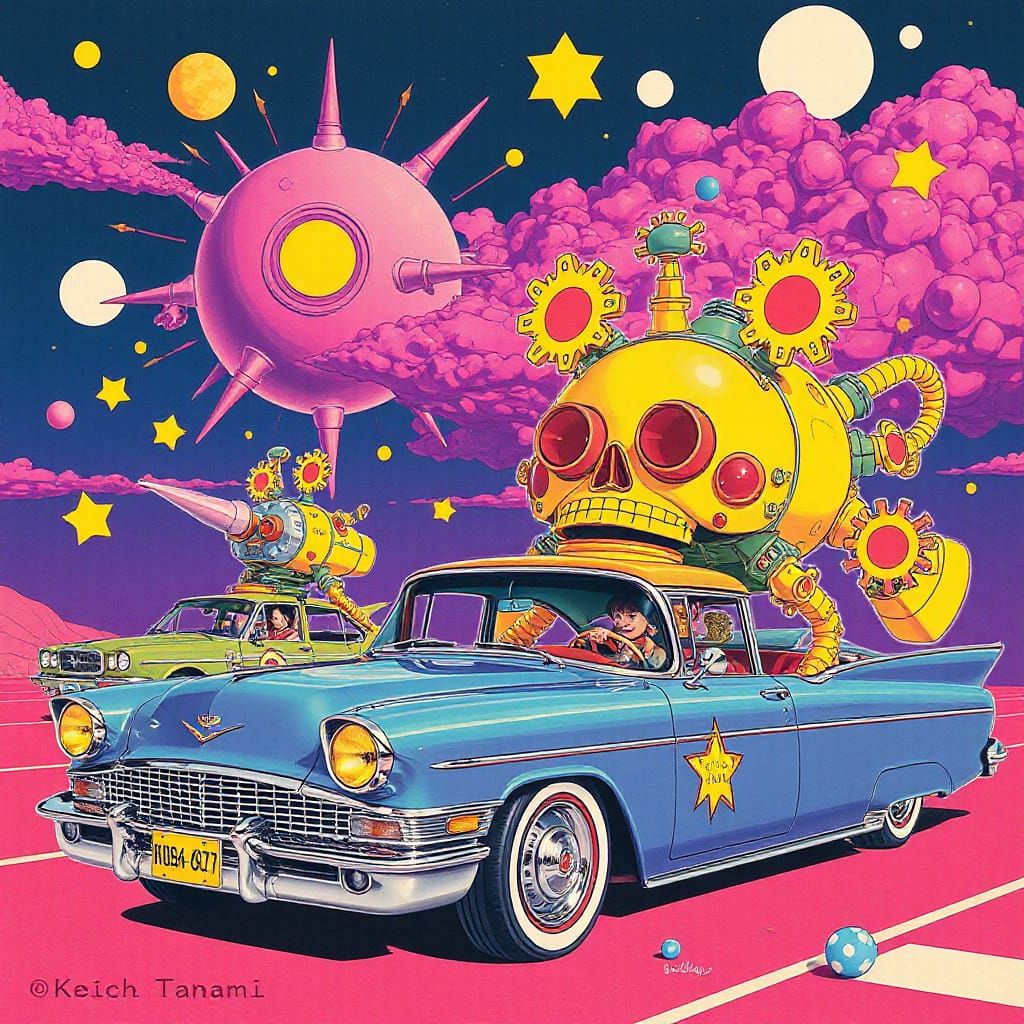 Psychedelic Pop Art: Retro Cars in a Dreamscape