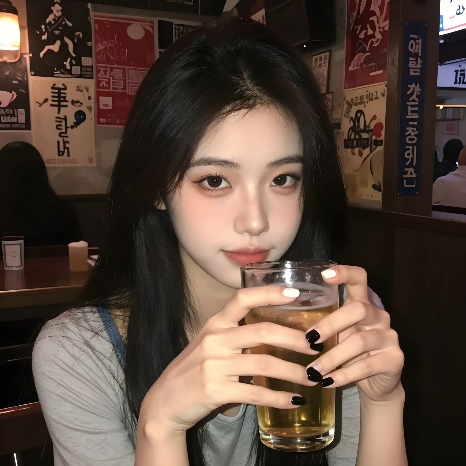 Realistic Portrait of Woman in Dimly Lit Pub