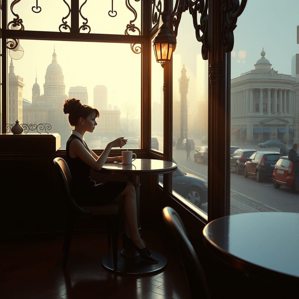 Audrey Hepburn Lost in Thought in a Haunting Café Scene