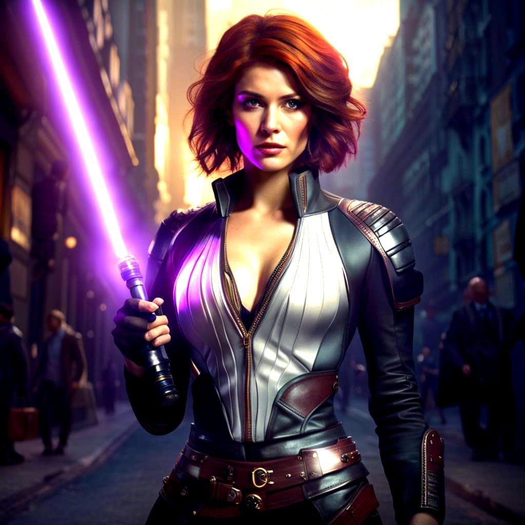 Hyperrealistic Portrait of a Woman with Lightsaber