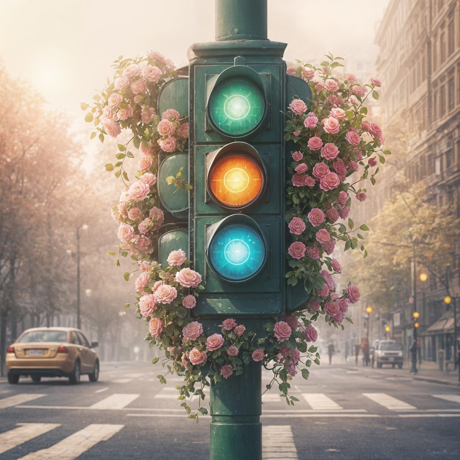 Traffic Light with Blooming Flowers in Surreal Style