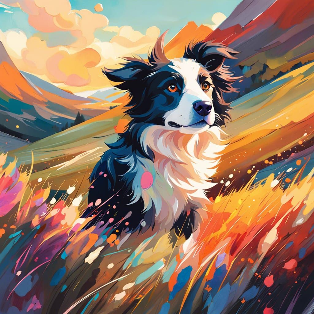 Anime Border Collie Puppy in Gouache Style