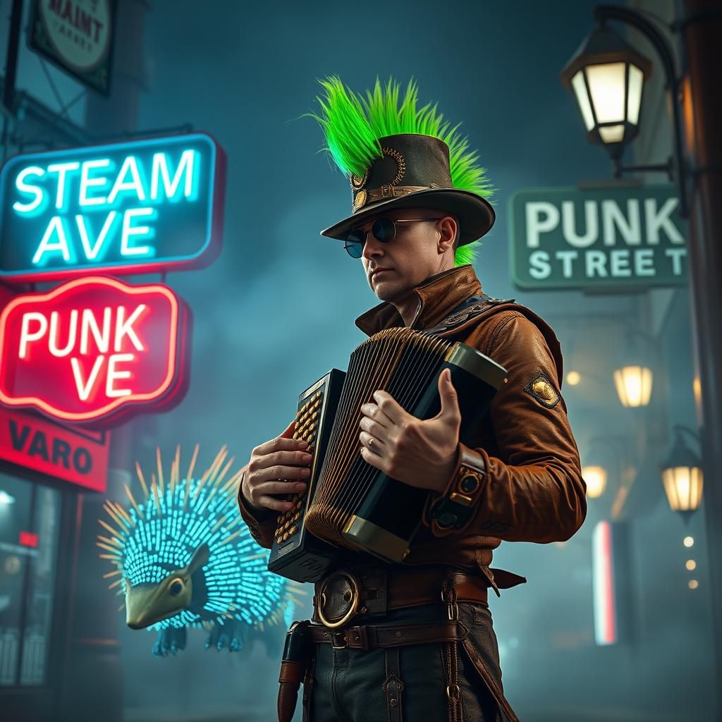 Steampunk Inventor in Neon Cityscape