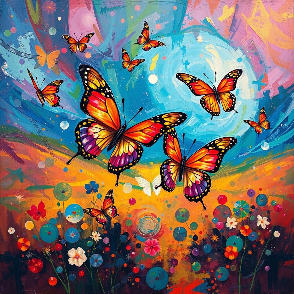 Kaleidoscopic Butterflyscape in Expressive Oil and Water Pai...