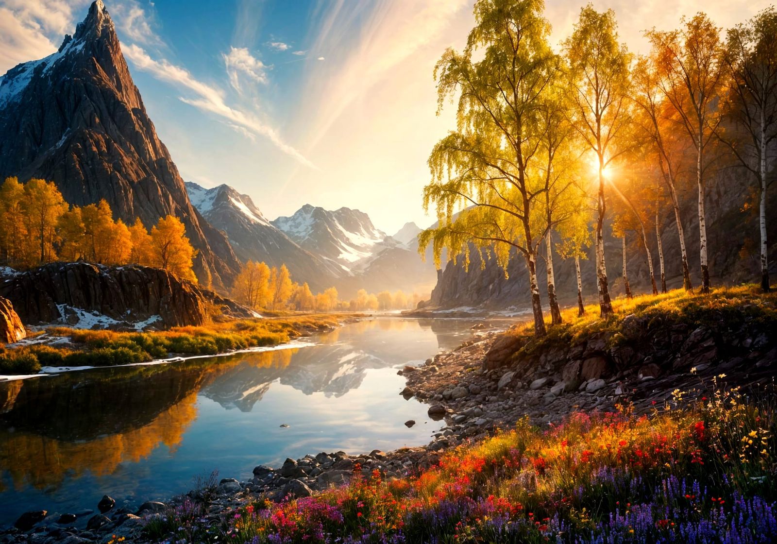 Vibrant Spring Landscape Painting with Tranquil River and Sn...