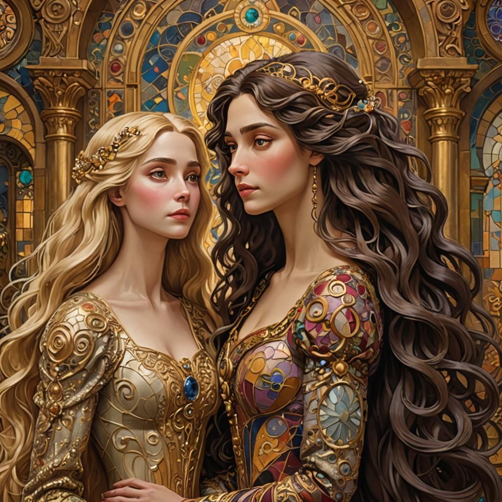 Symbolist Art Nouveau Portrait of Mother and Daughter