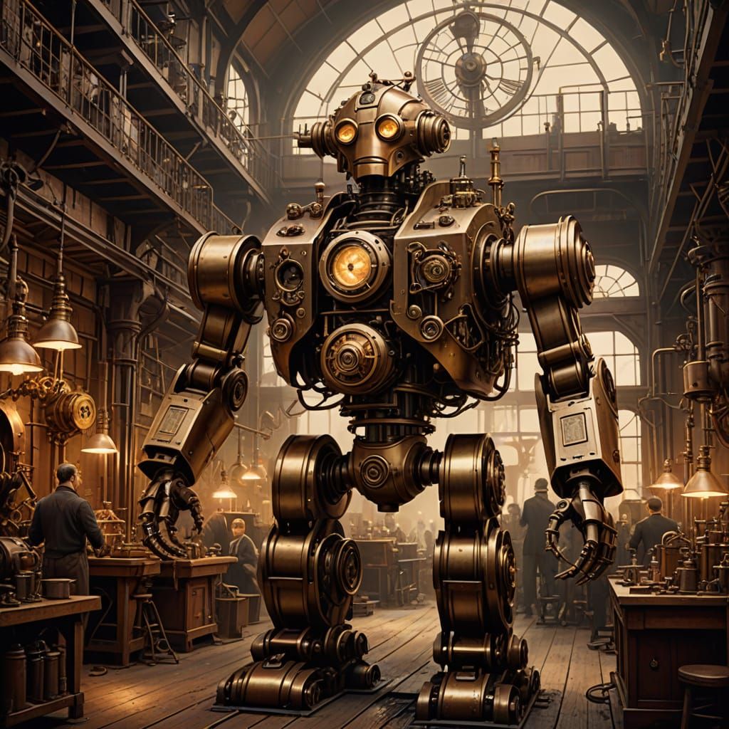 Steampunk Robot in Victorian Workshop Digital Art