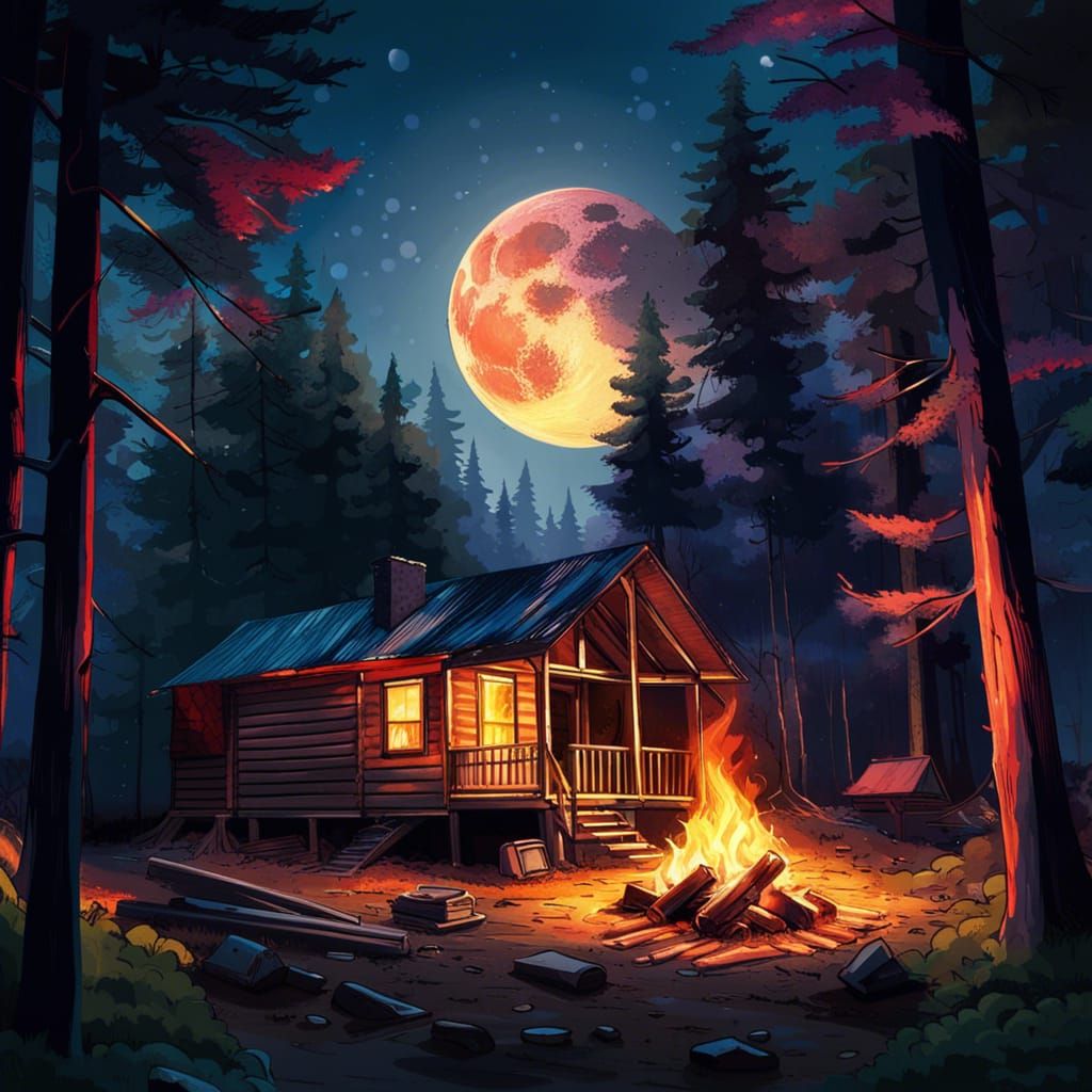 Moonlit Cabin in Woods with Campfire