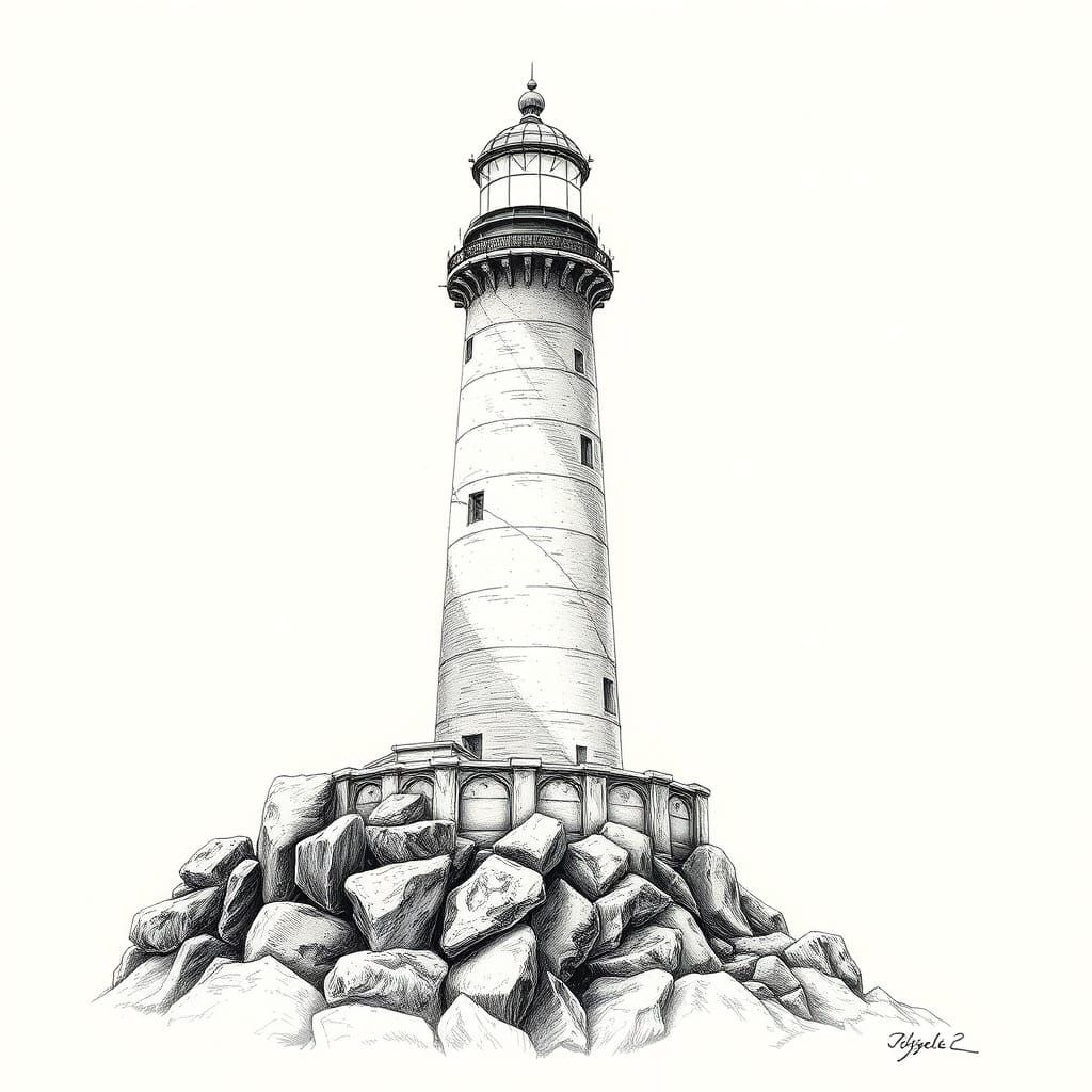 Ancient Lighthouse in Charcoal and Ink Art