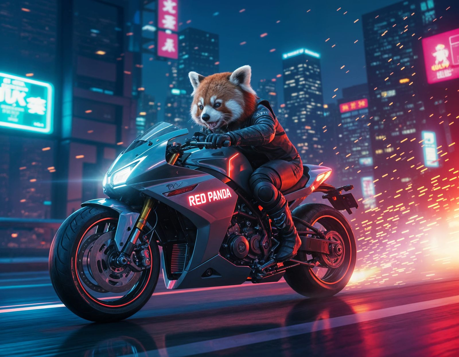 Red Panda Biker in Cyberpunk City