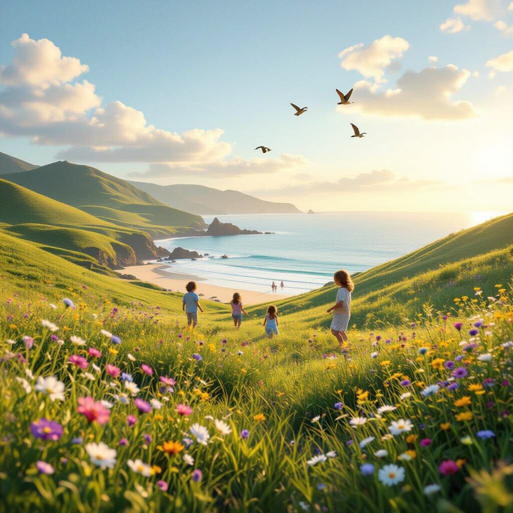 Serene Landscape with Children Playing by the Ocean