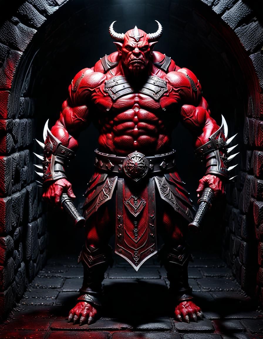 Detailed Red Ogre Titan with Spiked Flail