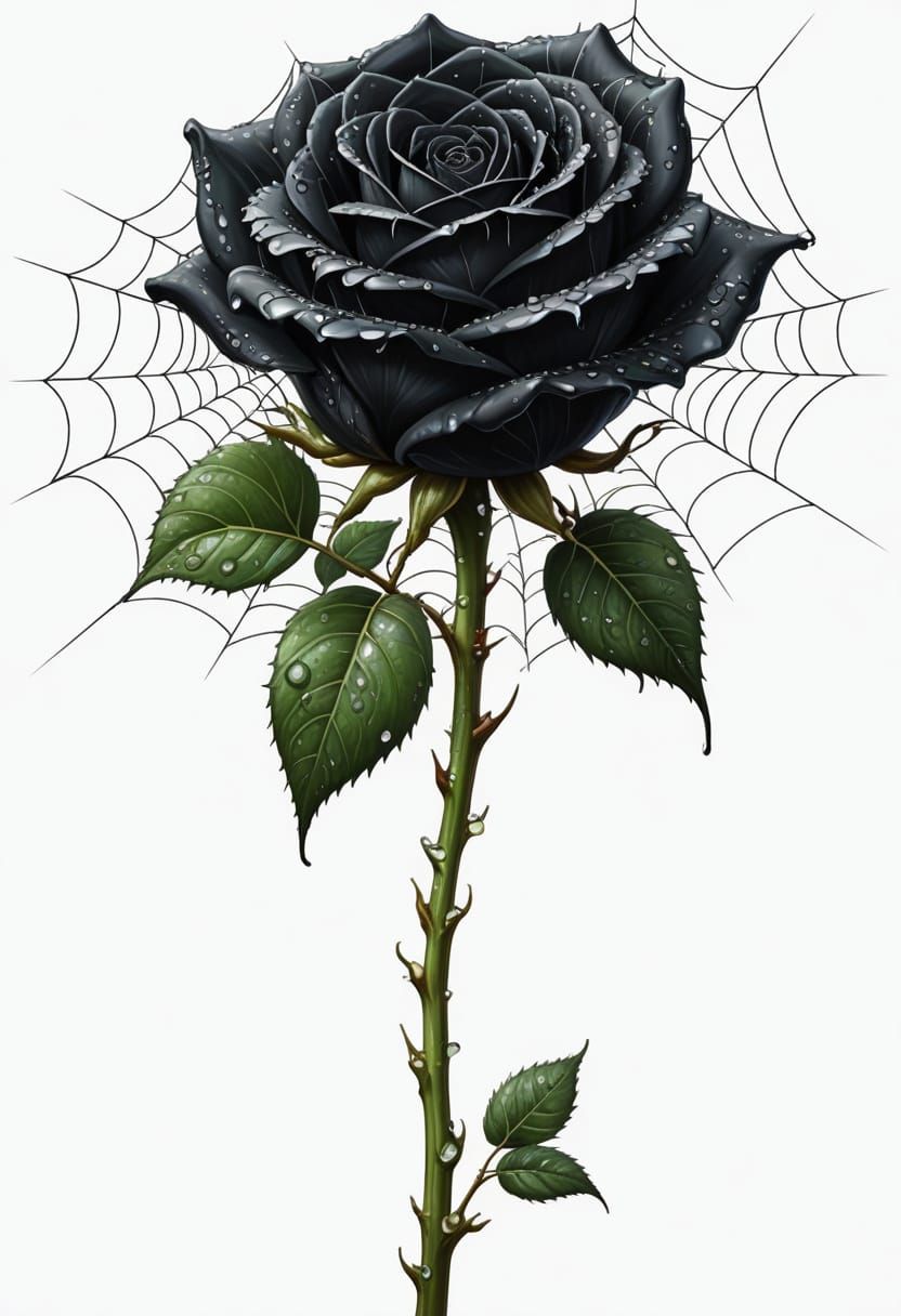 Black Rose in Morning Dew, Ensnared by a Spider's Web