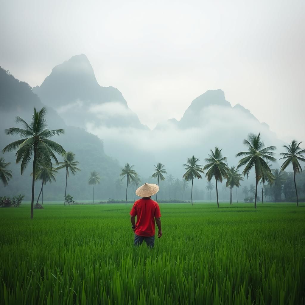 Misty Vietnamese Landscape with Karst Mountains