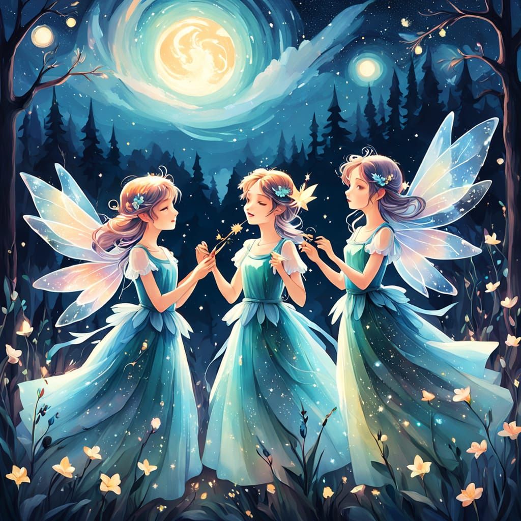 Whimsical Fantasy Fairies Under Starry Night Sky