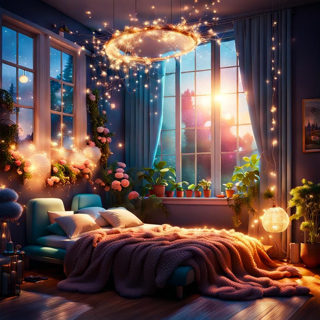 Dreamy Girl's Room with Fluffy Bed and Soft Light
