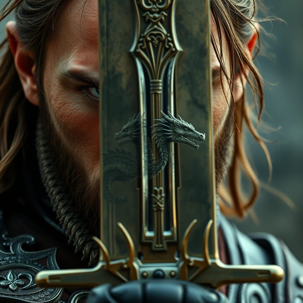 Fierce Warrior Reflects Dragon in Sword