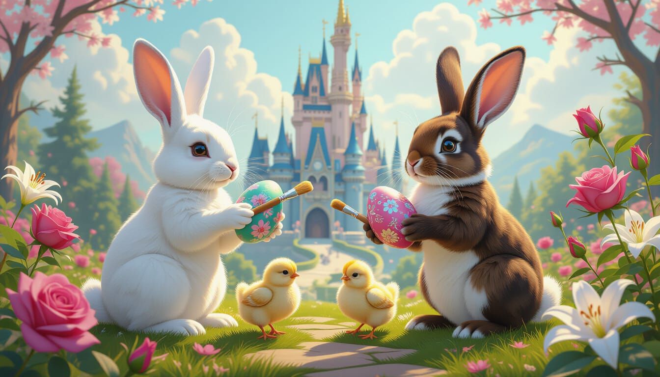 Rabbits and Chicks Painting Easter Eggs in Fairytale Landsca...