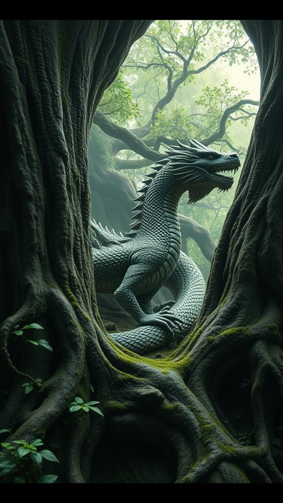 Epic Dragon and Tree Scene in Cinematic Style