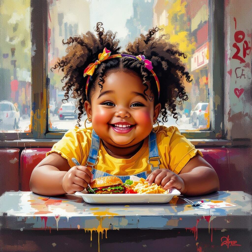 Girl Chooses Lunch with Friends, Vibrant Street Art Style