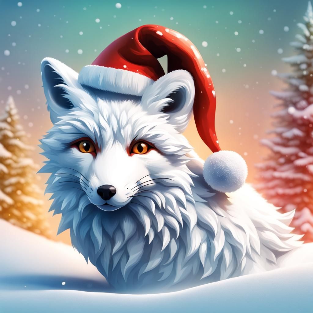 Festive Snow Fox Portrait in Hyperrealistic Style