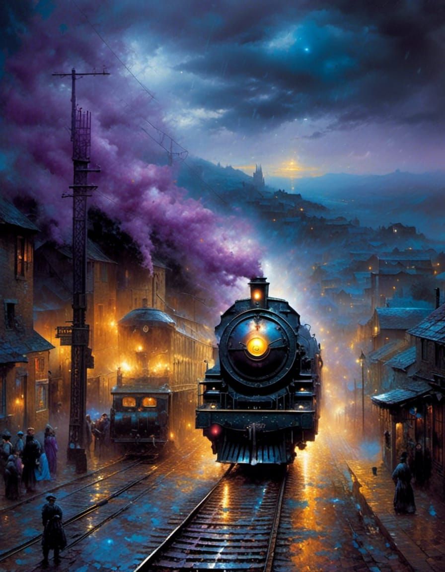 Turbulent Locomotive in Misty Blue Mountains