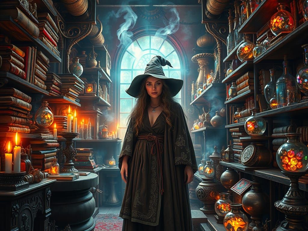 Medieval Witch in an Alchemist's Laboratory