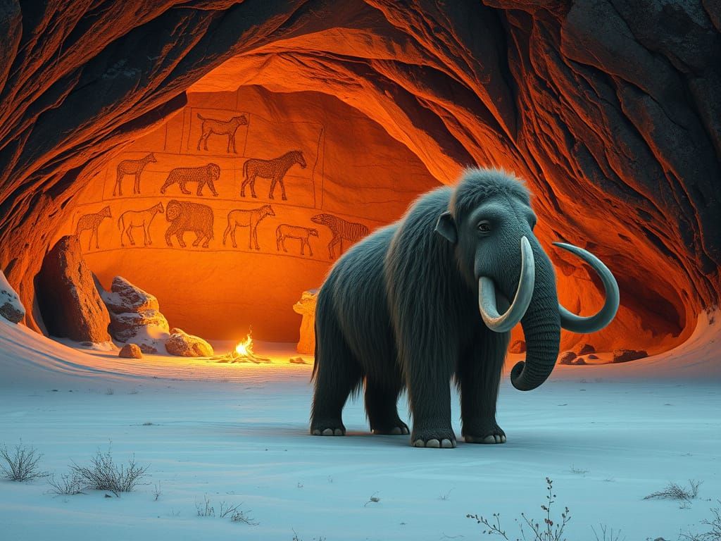 Surreal Woolly Mammoth Outside Ancient Cave Entrance