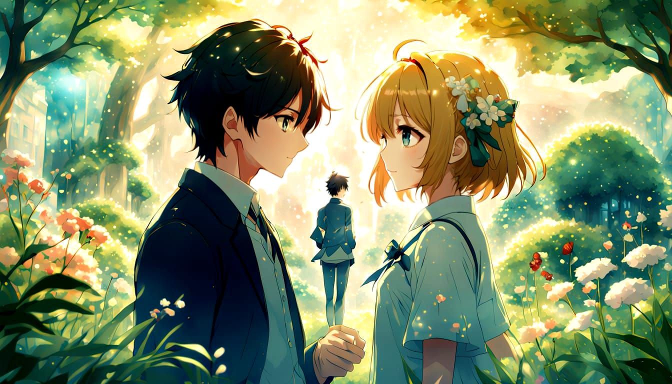 Enchanted Couple in Whimsical Anime Style