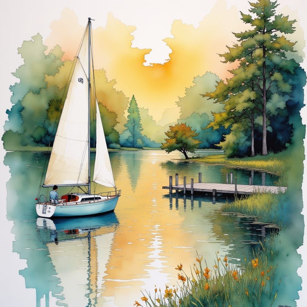 Sailboat on Woodland Lake in Impressionist Watercolor Style