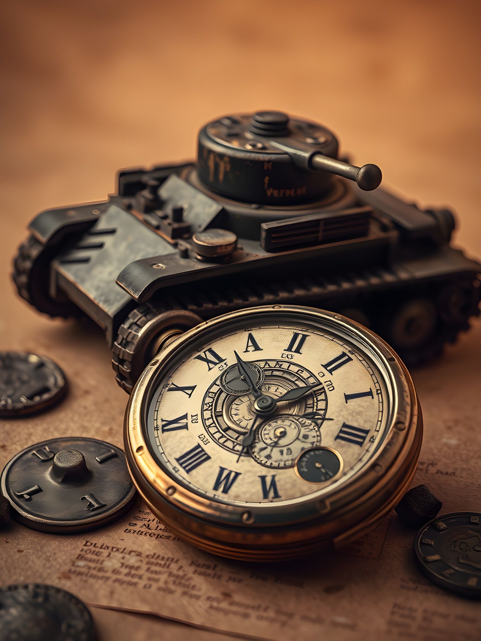 Sepia Still Life: Antique Watch and Toy Tank