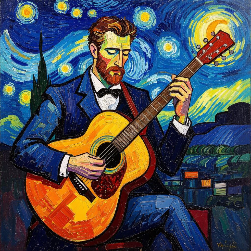 Guitar in Van Gogh Style Oil Painting
