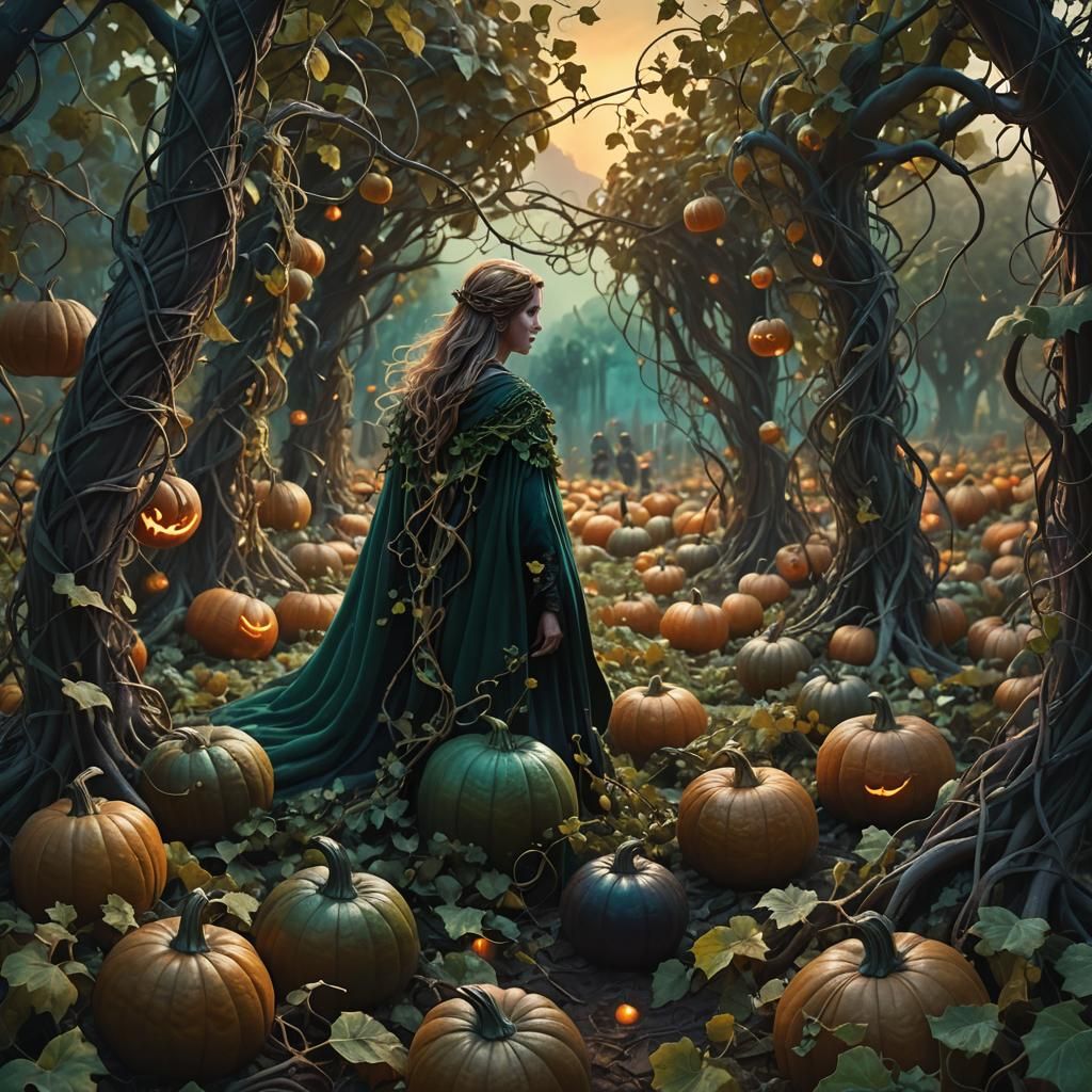 Ethereal Vines in Dark Pumpkin Patch: Fantasy Concept Art