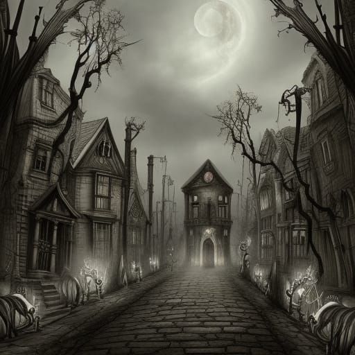 Tim Burton Style Victorian Street Illustration